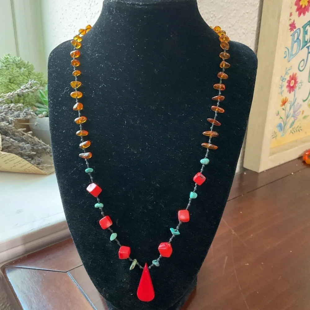 Vintage Baltic Amber Turquoise Coral Lavaliere Necklace
